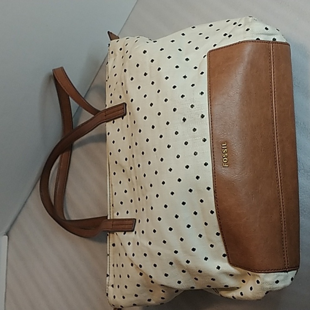 Fossil Cream and Brown Polka Dot Tote Purse